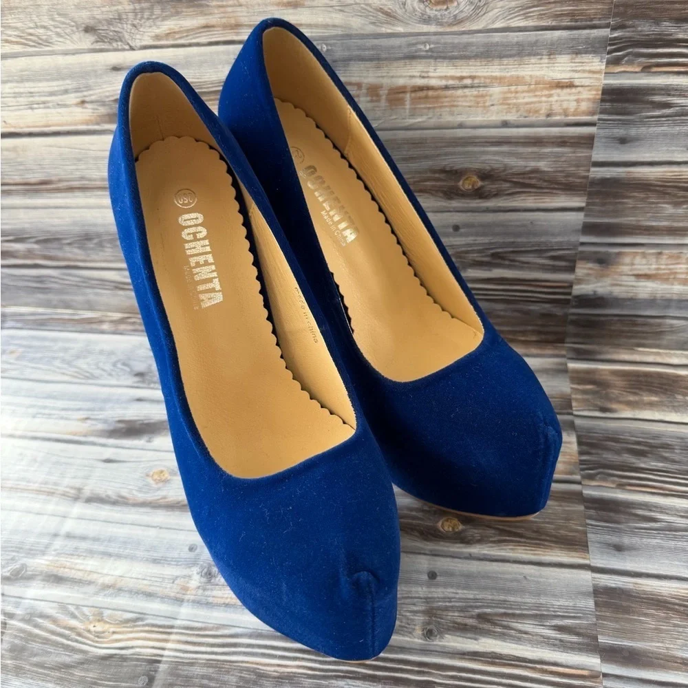OCHENTA Women's Platform Slip On High Heels Dress Pumps Blue Velvet stilettos
